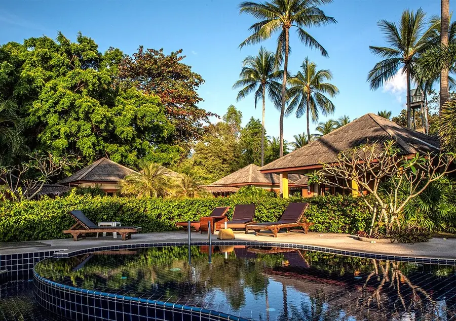 Round plunge pool framed by palm trees and thatched bungalows at the Lipa Noi retreat venue.