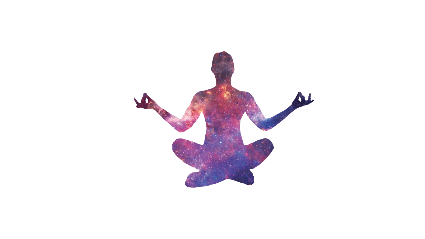 Illustration of a figure seated in meditation with a galaxy pattern
