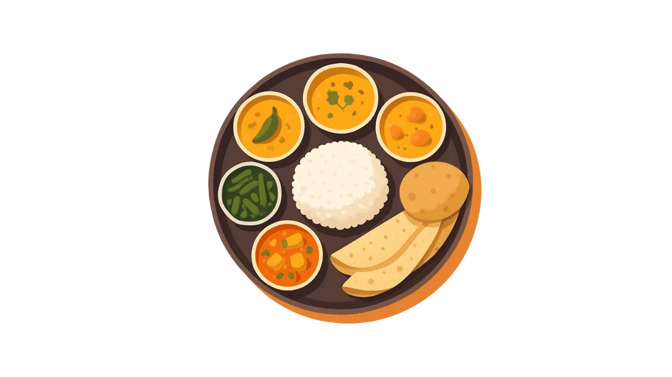 Illustration of an Indian thali with rice, dal and curries
