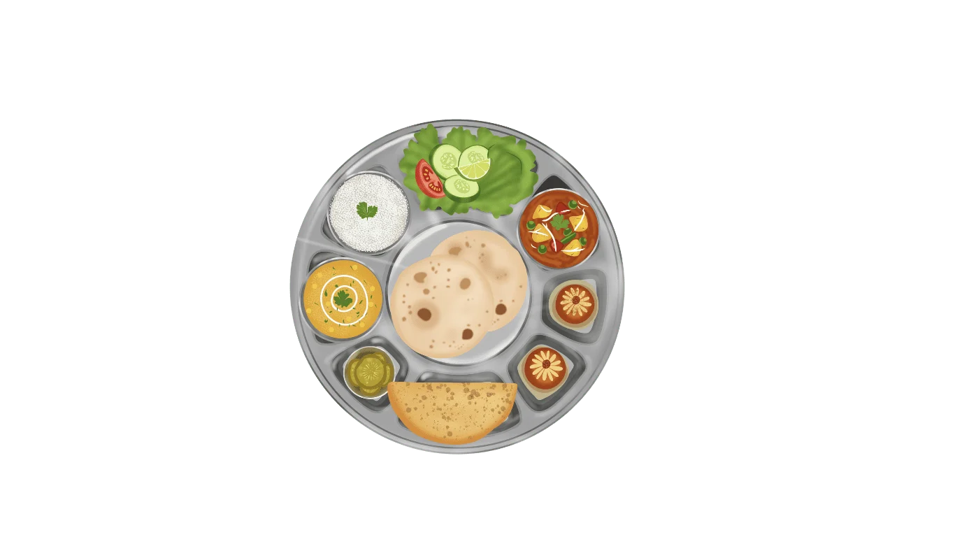 Illustration of an Indian thali with chapati and curries