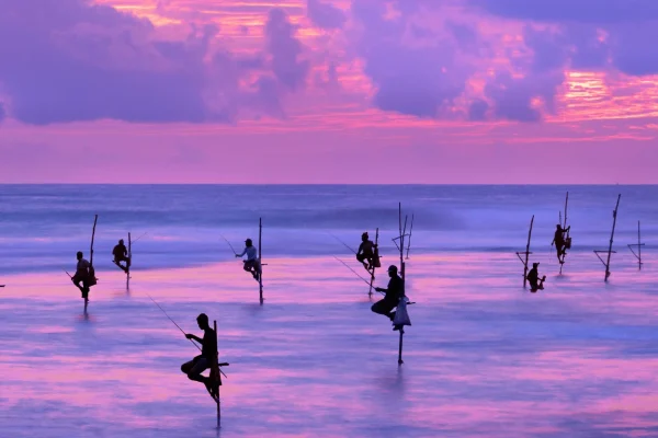 Traditional stilt fishermen on the sea at sunset in Sri Lanka